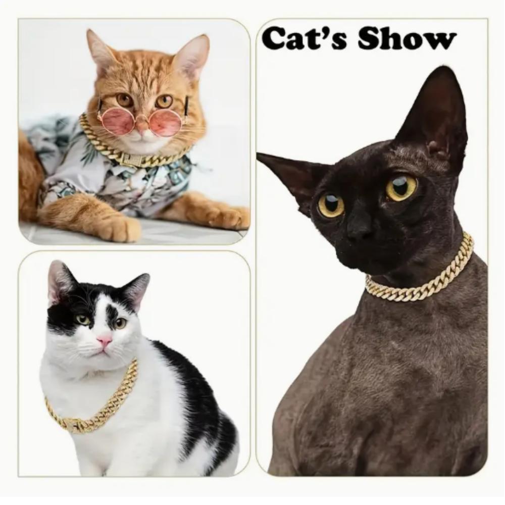 Luxury gold imitation diamond pet collar - Cuban chain cat and dog exclusive, hip-hop style daily wear and party accessories