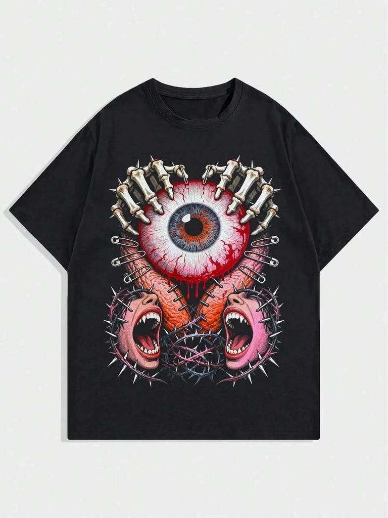 Anime Men’s Casual Graphic T-Shirt – Mouth & Eyeball Print Round Neck Tee