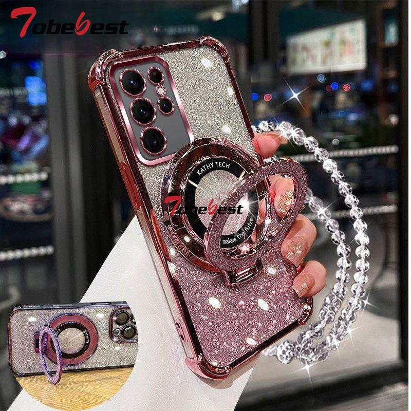 Shockproof Glitter Plating Crystal Bracelet Phone Holder Case For Samsung Galaxy S25 S24 S23 S22 S21 S20 Ultra Plus FE Cover