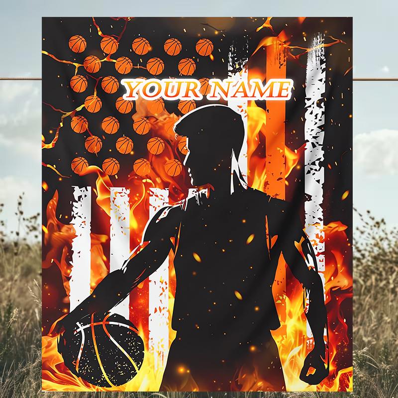 1PC Custom Name Basketball Fire outdooor Flannel blankets Patterns Throw Blanket All-Season Soft Gift for Couch, Bed, Camping gifts