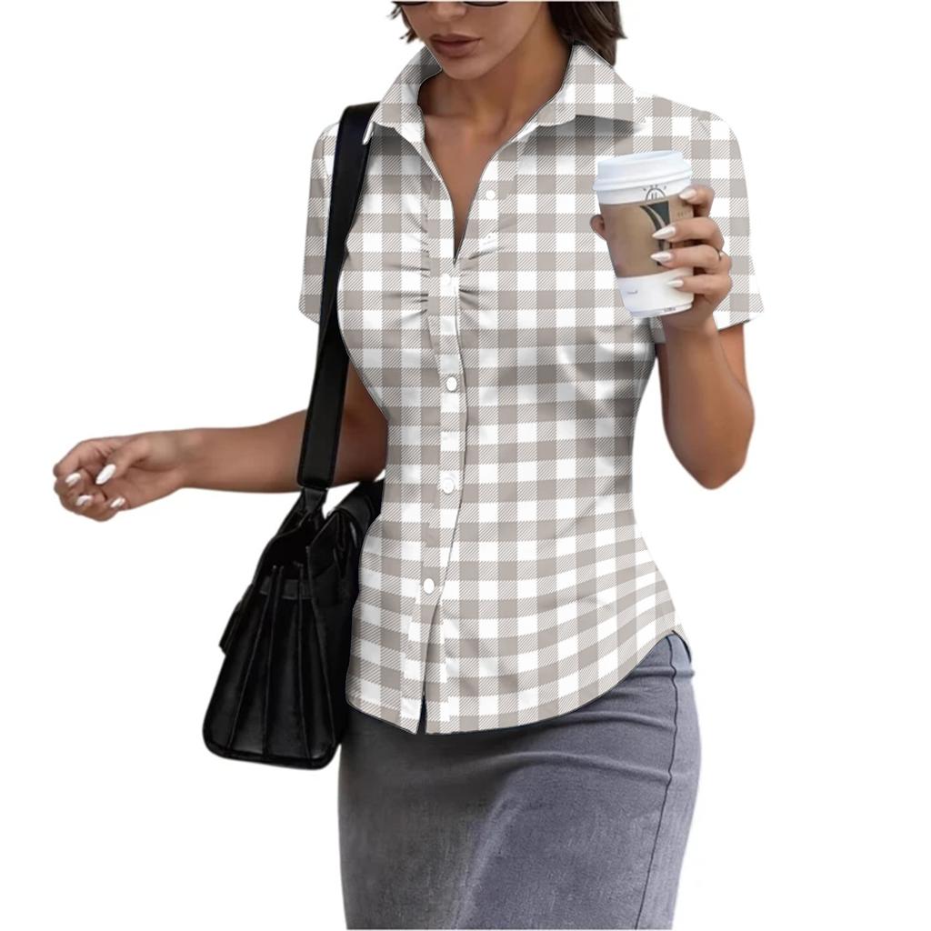 Women's Short Sleeve Button Down Shirt Slim Fit Collared Blouse Lightweight Breathable Summer Top for Casual Workwear