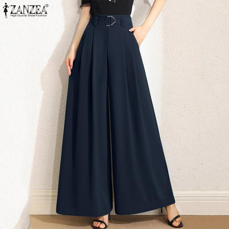 ZANZEA Women Casual Back Elastic Waist Loose Wide Leg Pants