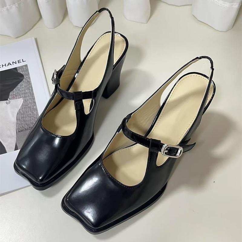

Fashion Fashion Black Patent Leather Mary Janes Slingbacks Women Pumps Spring Summer Wave Toe Chunky High heels Office Lady Daily Shoes 40 чёрный