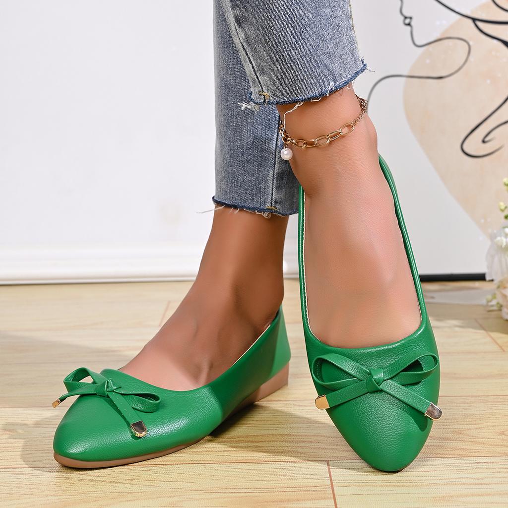 Scarpe Basse in Pelle con Fiocco Singolo, Bocca Stretta, Suola Spessa Morbida, Lati Morbidi, Tacco Basso Comodo