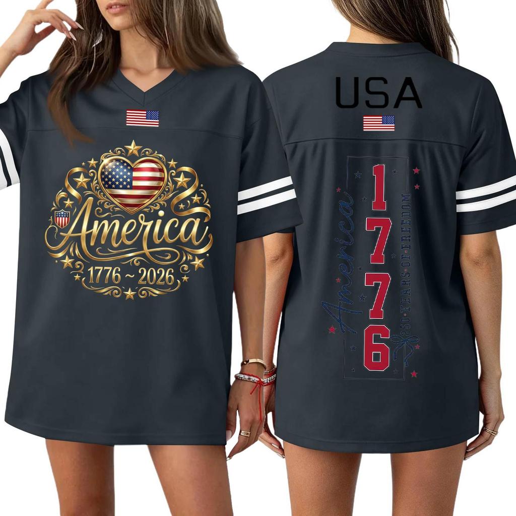 Damen Casual Mode V-Ausschnitt Sport Unabhängigkeitstag Druck Kurzarm Sport T-Shirt Top