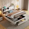 Pressure Bed with Storage Function, Light Strip and USB Charging Port, Double Bed 160 * 200cm Beige Velvet European Standard Charger