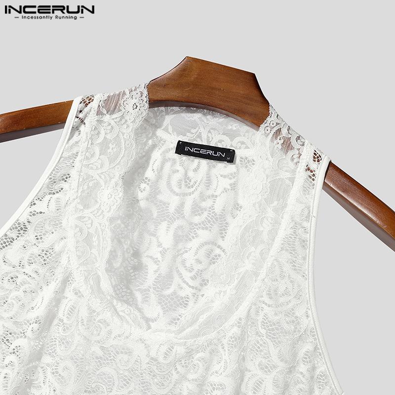 INCERUN Men V Neck Oversleeve Lace See Through Party Club Cropped Tank Tops