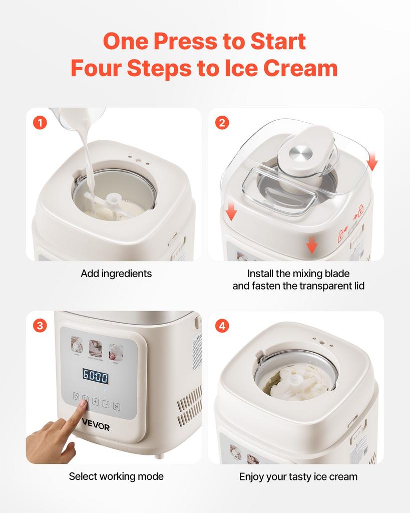 VEVOR Upright Automatic Ice Cream Maker with Built-in Compressor, 1L No Pre-freezing Gelato Maker & Frozen Yogurt Machine