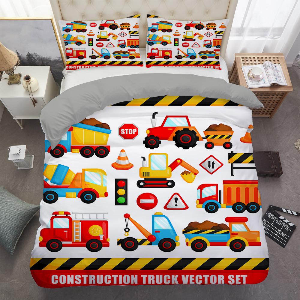 Excavator Tractor Duvet Cover Set Cartoon Machinery Bulldozer Pattern Bedding Set for Kids Boys Polyester Bedding Set King Size