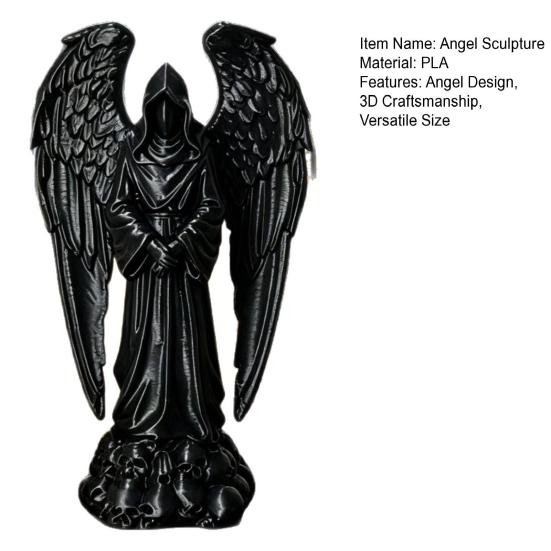 3D Printed Sculpture Decoration, Dark Gothic Angel Decoration with Detailed Feather Texture, Matte Black Figurine for Home Office Halloween Gift
