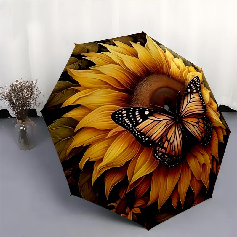 1pc Sunflower & Butterfly Automatic Umbrella Design, Cute Cartoon Pattern, Portable Outdoor Umbrella, Perfect A082