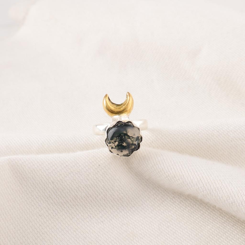 Round Moss Agate Stone Promise Sisters Day Eternity Statement Ring 925 Silver RR-58-37