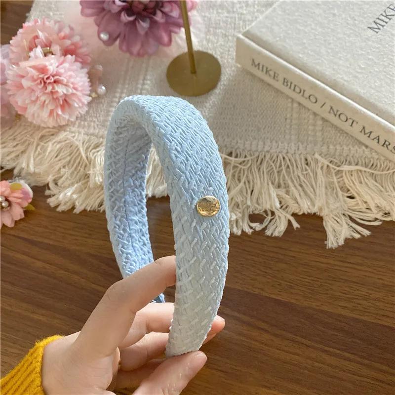 Spring New Sponge Headband for Women Elegant Gold Label Blue Wide Brimmed Hair Band Fashion Girl Face Wash Hair Hoop