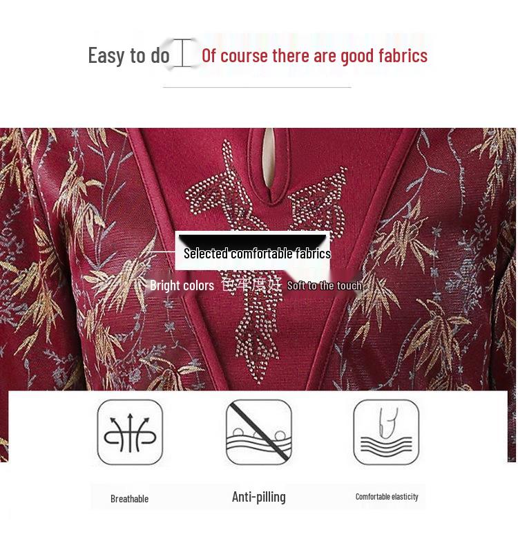 Spring Outfit: New Chinese Style Long Sleeve T-Shirt for Middle-Aged and Elderly Women, Plus Size Available