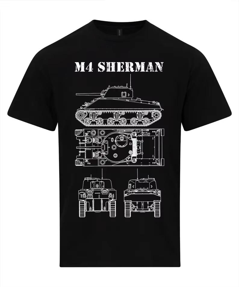 

2026 M4 Sherman Tank Technical Drawings M4A4 World War II US Army Pure Cotton Tshirt Comfortable Breathable HighQuality S