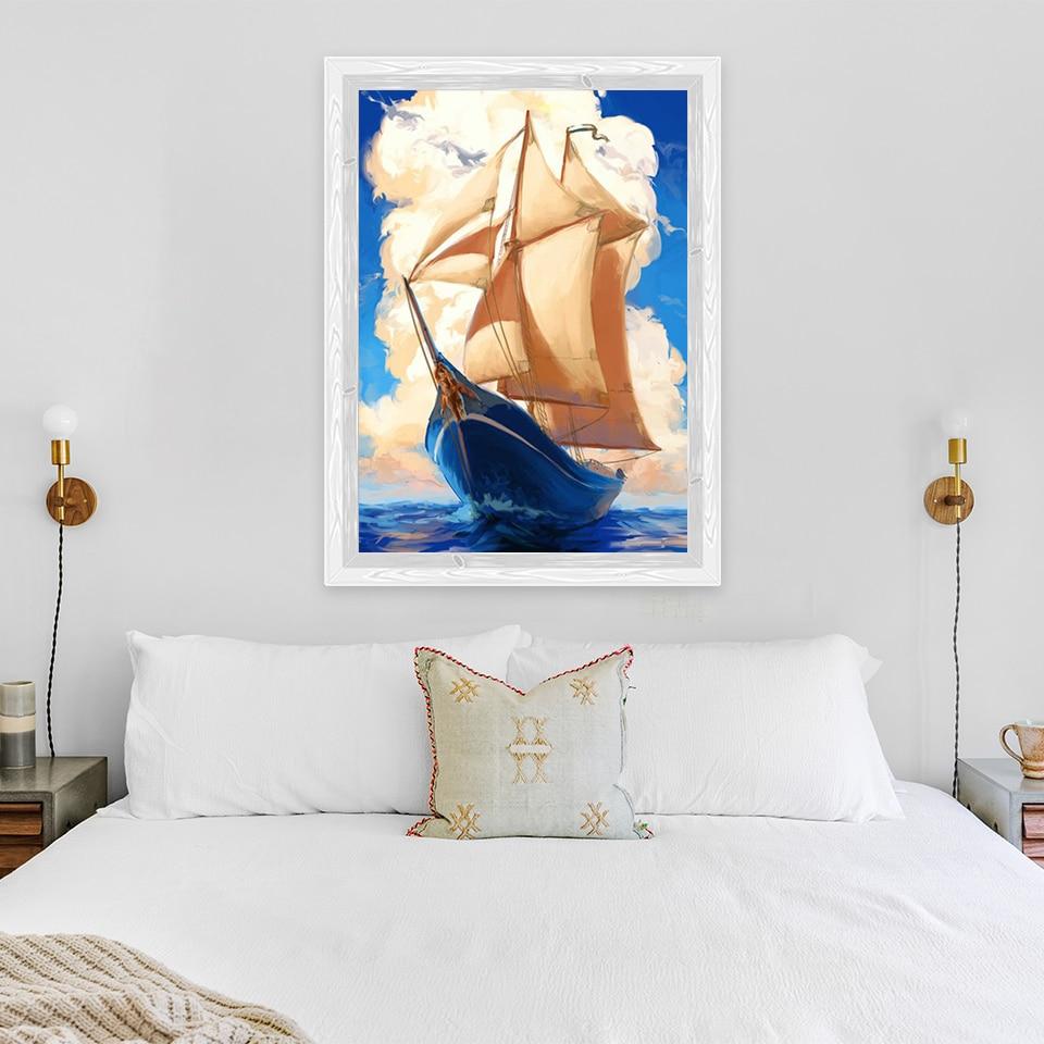 New 5D DIY Diamond Painting Full Round Drill Scenery Cross Stitch Sea View Boat Diamond Embroidery Crafts Home Decor Gift