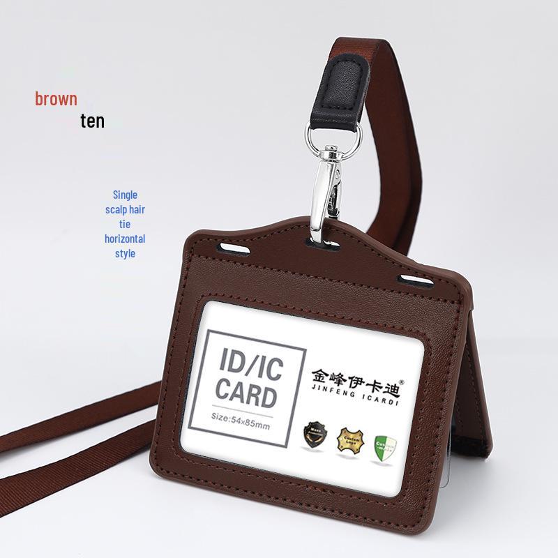 Genuine Leather Work ID Holder with Lanyard, Four Card Slots, Employee Badge Neck Strap.