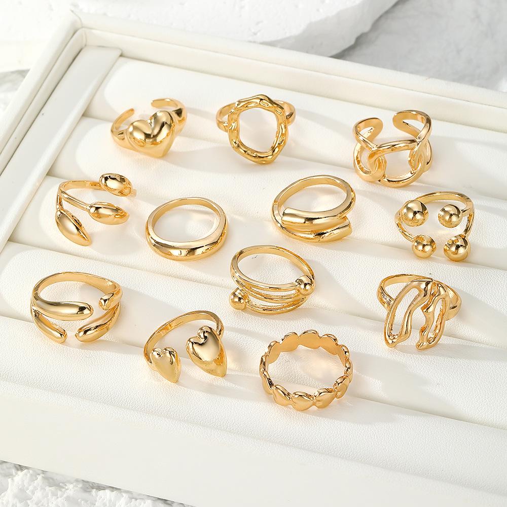 12Pcs/Set Exaggerated Irregular Heart-Shaped Rings for Women Vintage Metal Water Drop Open Rings Set Daily Jewelry Gift