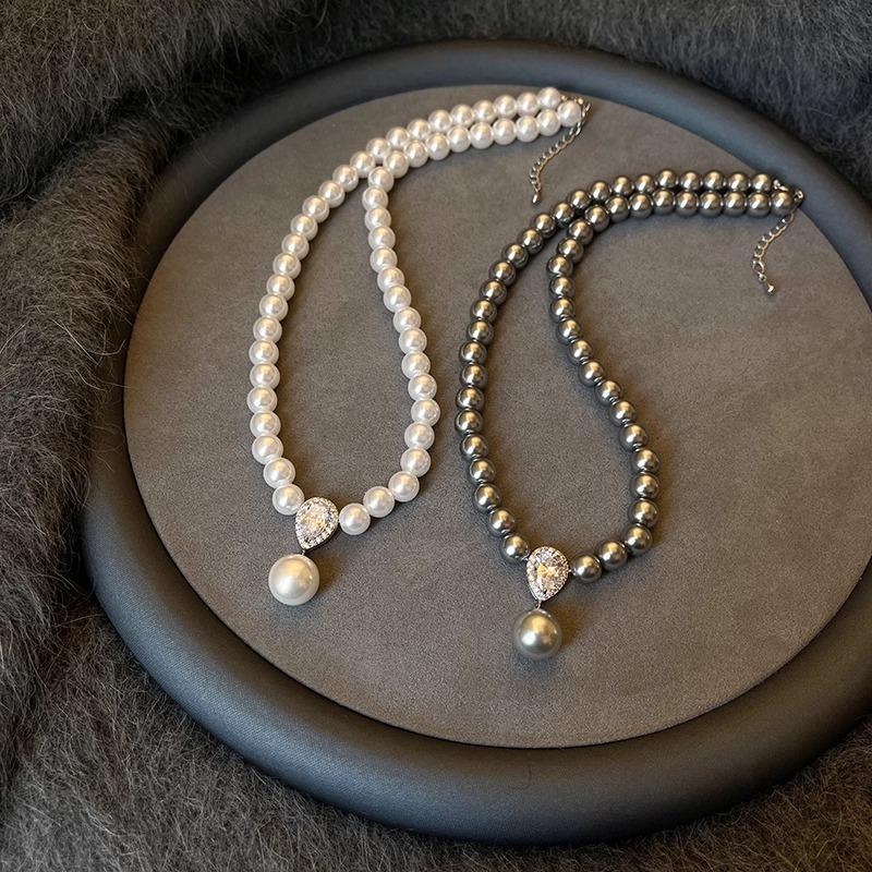 Copper Micro-Inlaid Zircon Water Drop Glass Pearl Necklace Autumn And Winter Sweater Chain Light Luxury Niche Design Clavicle Chain