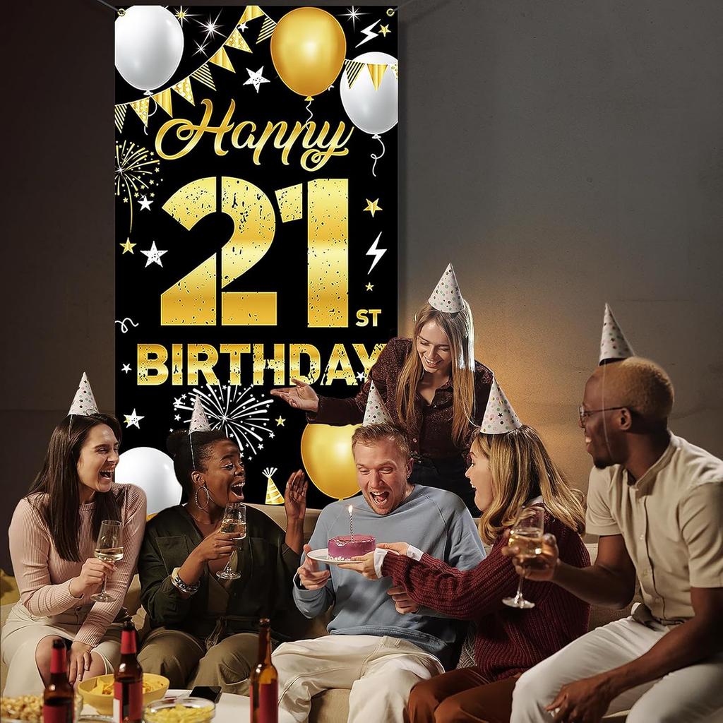 Happy 21st Birthday Decorations for Him & Her – Black and Gold 21st Birthday Banner Backdrop, Yard Sign, Photo Props, Door Background Party Décor