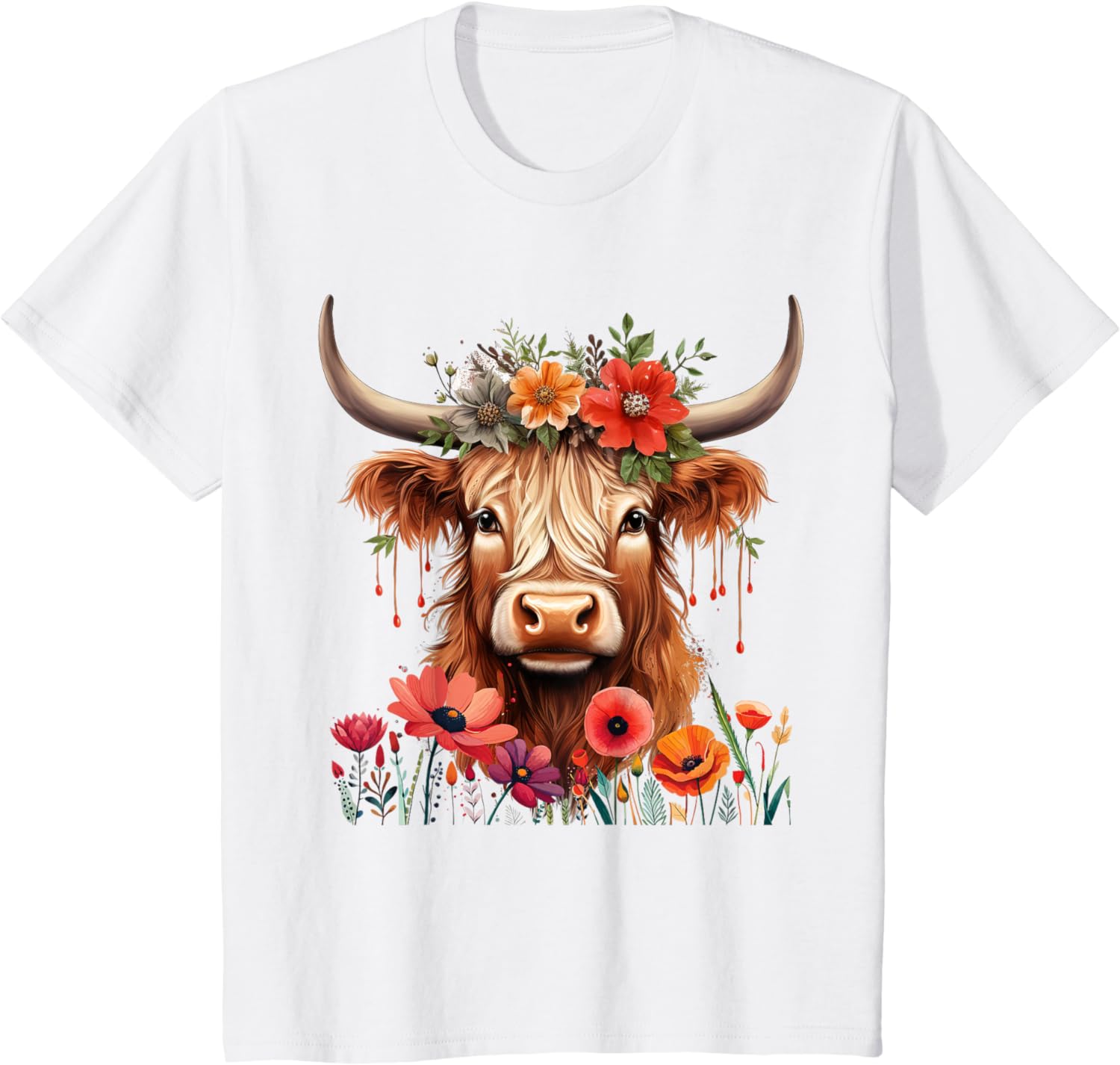 Cute Animal Cow Baby Highland Cow with Flowers Calf Women T-Shirt S