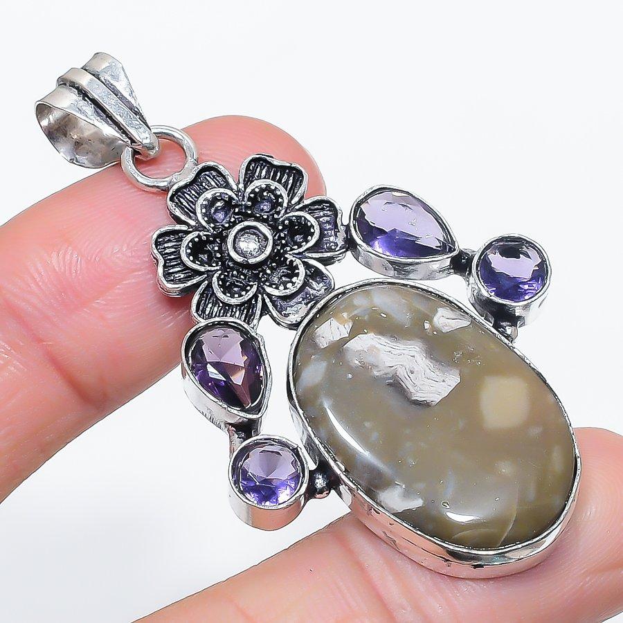 Natural Fossil Coral, Amethyst 925 Sterling Silver Jewelry Pendant 2.36" h8M60