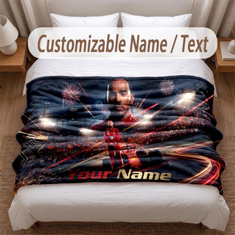 Lewis Hamilton bedruckte Flanelldecke mit individuellem Namenstext, weiche, warme Überwurfdecke für Schlafzimmer, Weihnachtsgeschenk