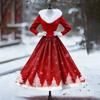 Women's Casual Dress Long-Sleeve V-Neck Patchwork Fleece Christmas Print Dress