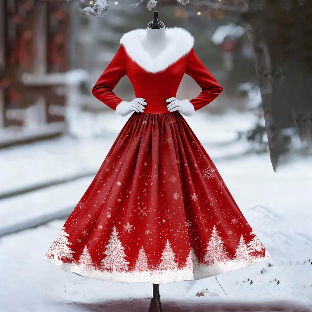 Women's Casual Dress Long-Sleeve V-Neck Patchwork Fleece Christmas Print Dress