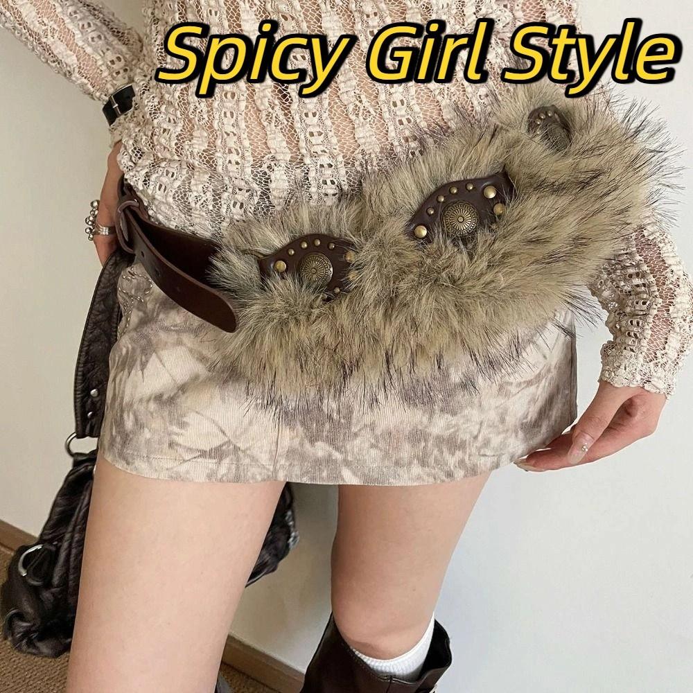 PU Leather Furry Waistband Spicy Girl Style Y2K Waistband Vintage Plush Belt  Female/Girls