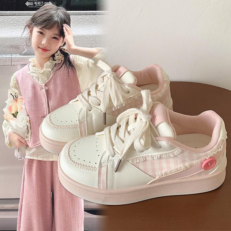 Spring and Autumn New Casual Minority Bread Shoes Children Sakura Pink Shoes with Thick Bottom and Lace Edge White Kids Shoes