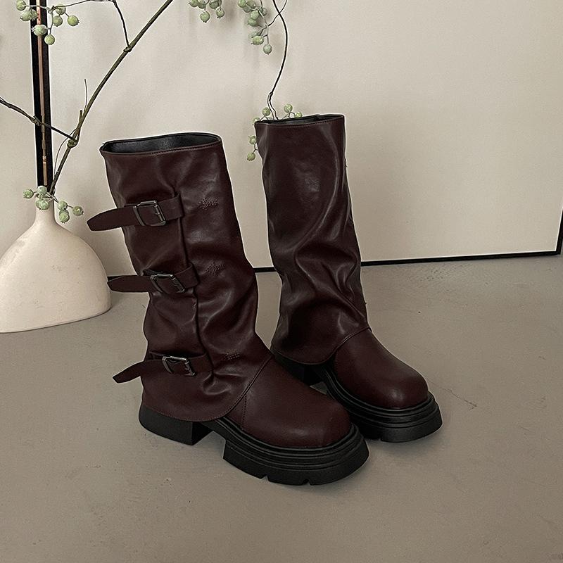 Off-white Fashion Popular Leather Boots Thin Medium and Long Boots Women's Shoes Autumn Fashion Small Thin Thick Heel Martin Boots