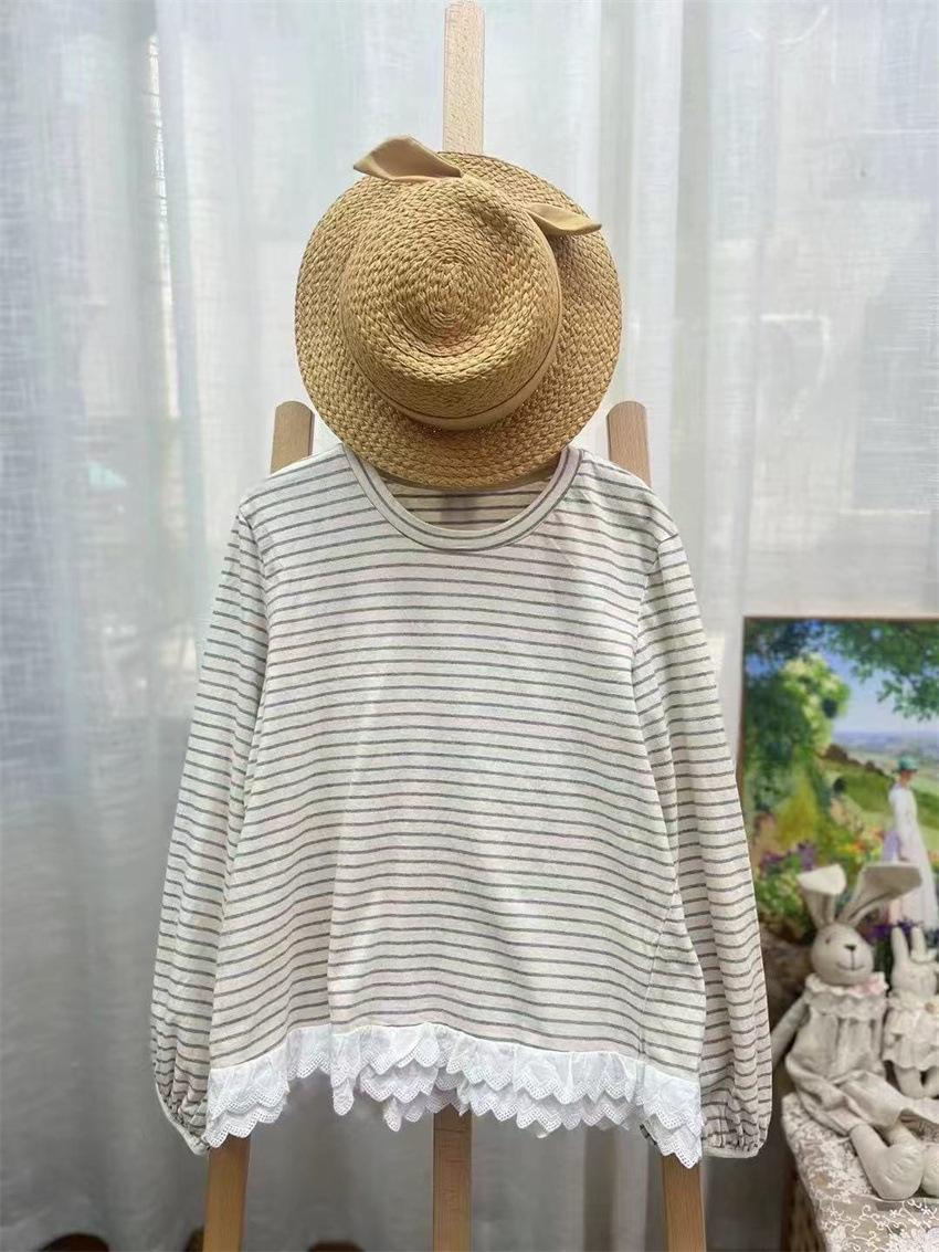 

Johnature Осенняя милая лесная двухслойная кружевная полосатая футболка с длинным рукавом для женщин, пуловер с круглым вырезом, вязаные топы One Size серый