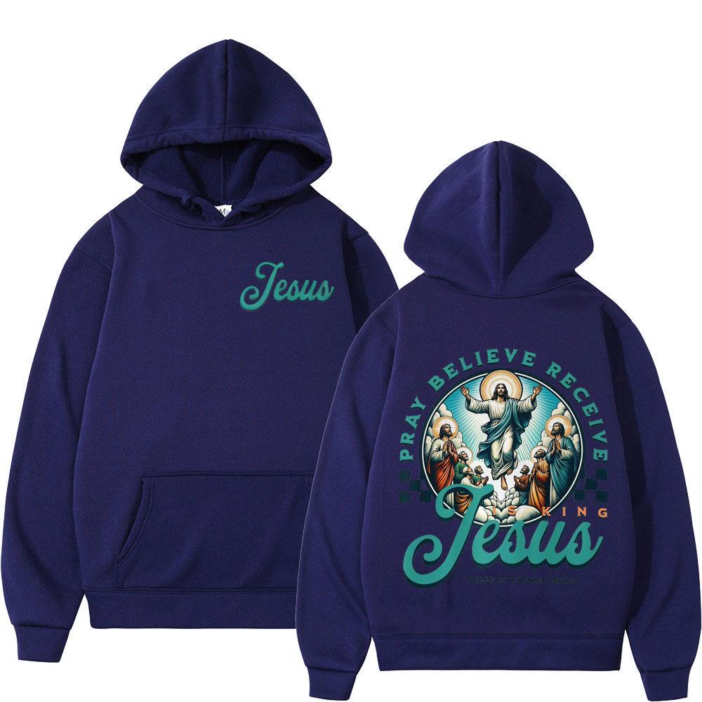 Pray Believe Receive Jesus Print Sweatshirts Men Women Fashion Comfort Hoodies Long Sleeves Thick Vintage Casual Pullover Tops