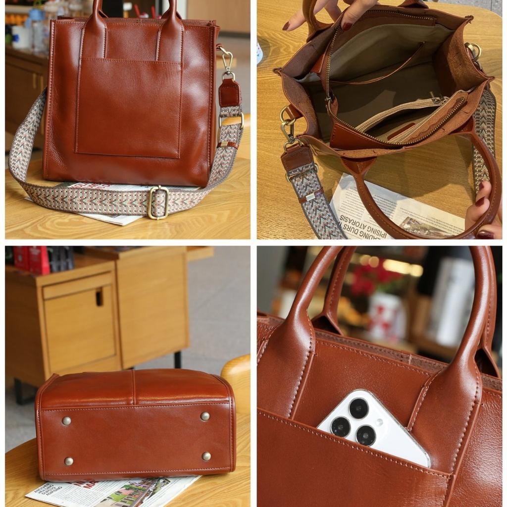 Genuine Leather Large Capacity Tote Bag Spring New Style Hand Held Briefcase for Women's Daily Commuting Vegetable Tanned Leather Crossbody Bag