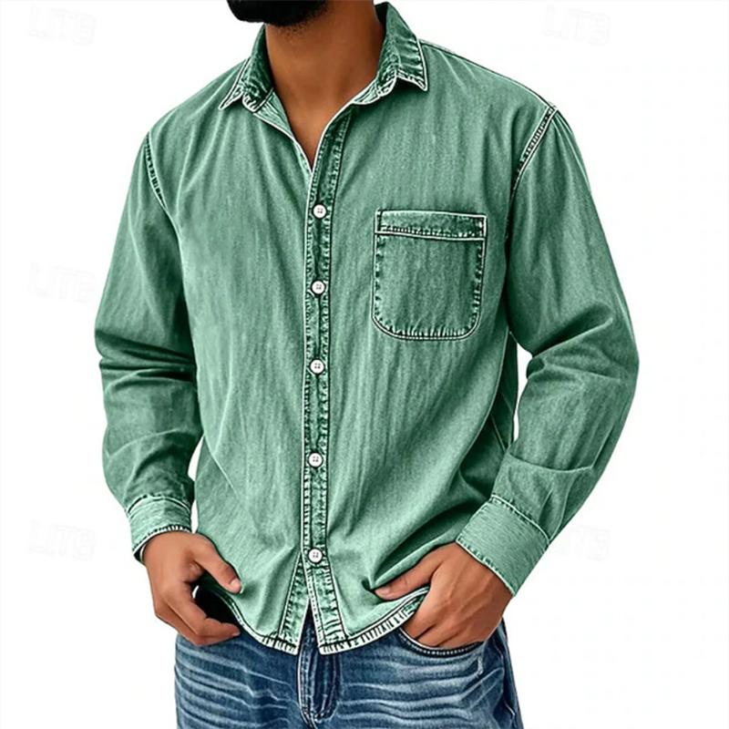 Spring Autumn Men's Denim Shirts Safari Style Vintage Long Sleeve Cotton Solid Casual Shirt
