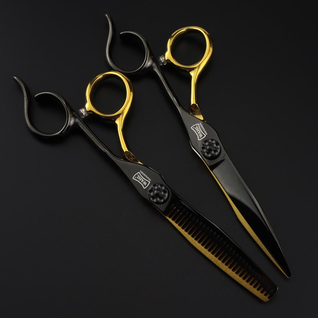 6.0 Inch Black And Gold Notched Handle, Hair Scissors, Hair Scissors, Flat Scissors, Bangs Scissors, Tooth Scissors