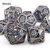 7 bucăți, negru, albastru, rotativ, zaruri metalice, zaruri metalice poliedrice goale, potrivite pentru jocuri de rol RPG, jocuri de cărți