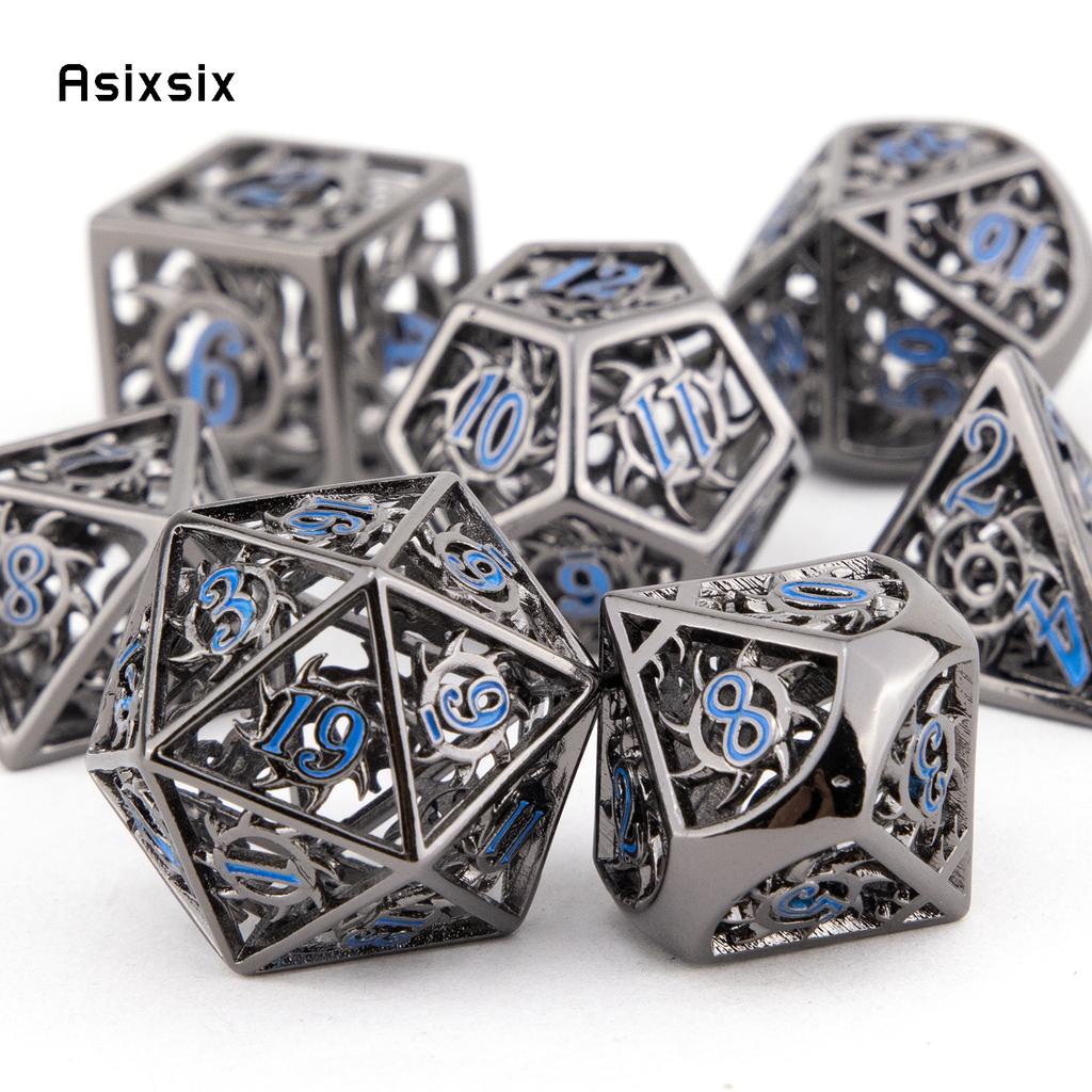 7 bucăți, negru, albastru, rotativ, zaruri metalice, zaruri metalice poliedrice goale, potrivite pentru jocuri de rol RPG, jocuri de cărți