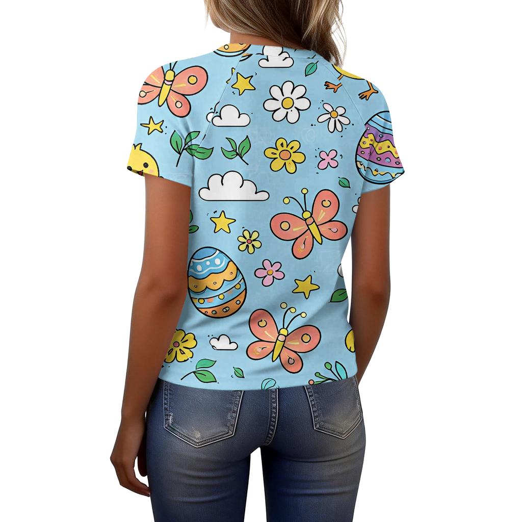 Women's Fashionable Casual Short-Sleeved Raglan Sleeve Easter Print T-Shirt Top