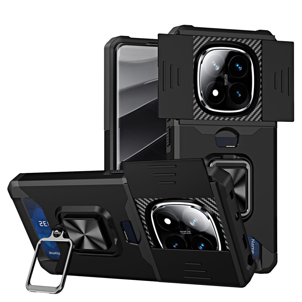 Pouzdro na telefon pro Xiaomi Redmi Note 14 Pro 4G/5G/Note 14 Pro+ 5G Stojánek Posuvný kryt objektivu PC+TPU Kryt se slotem na karty