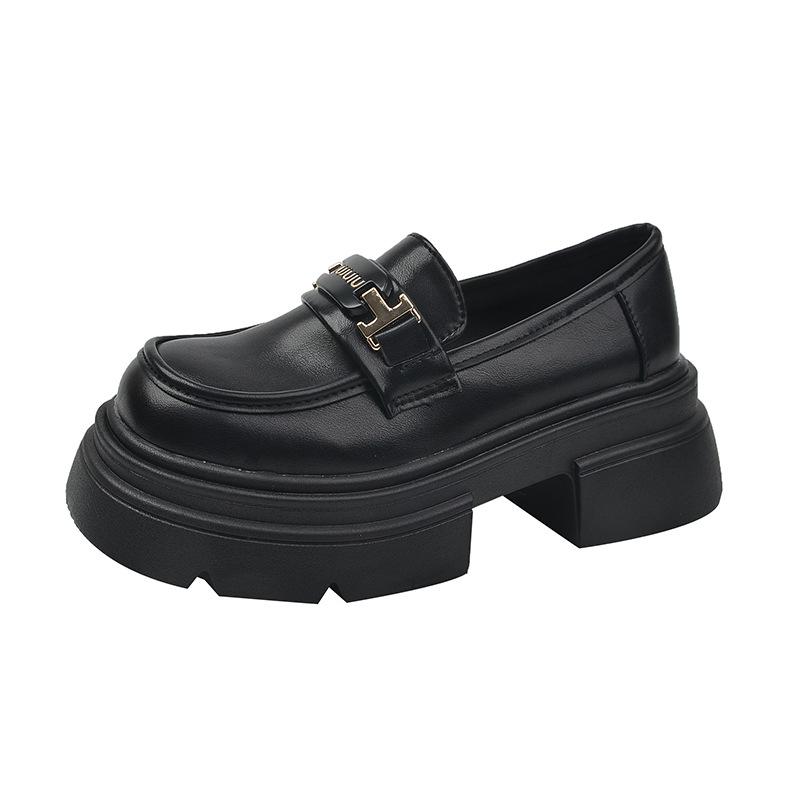 Black platform loafers women's spring and autumn 2025 new retro thick heel single shoes muffin platform British style small leather shoes