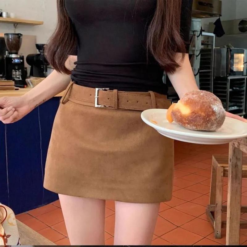 

Brown Autumn Winter Textured Deerskin Belt Skirt Versatile Casual Fashionable Maillard Short Skirt S хакі