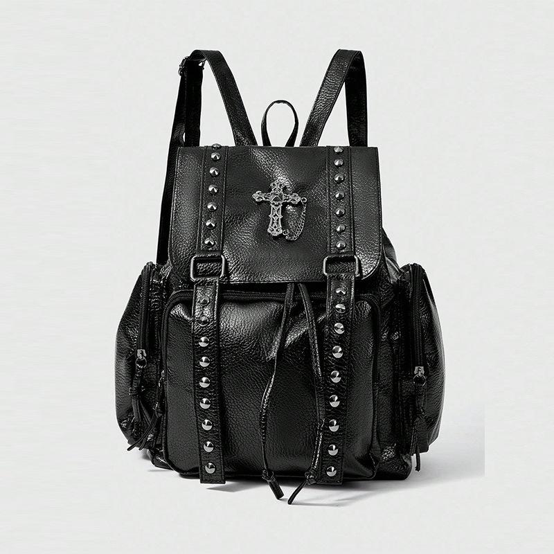 Washed Lychee Pattern PU Leather Rivet Locomotive Wind Backpack Cross Backpack Large Capacity Women s Bag 32.5x22.5x12