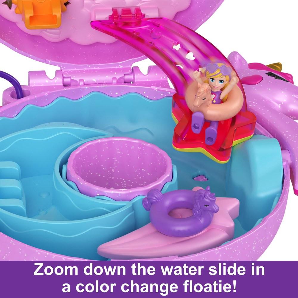 Polly Pocket Sparkle Cove Adventure Unicorn Floatie Compact Playset 2 Dolls 12 Accessories 2 Color Change