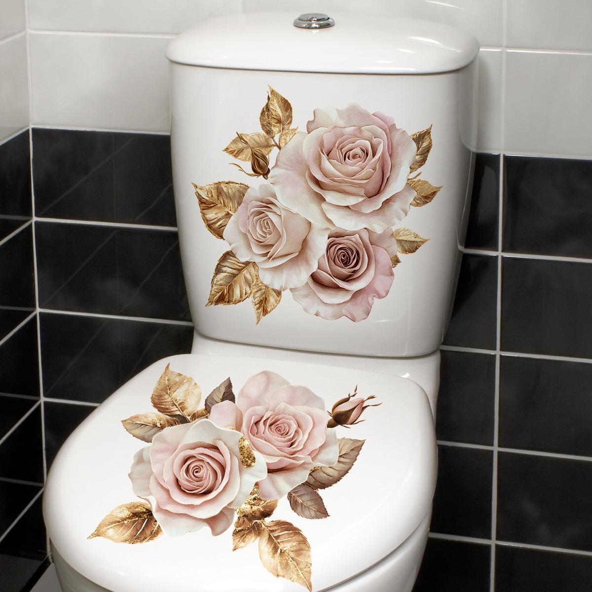 Pink Flower Gold Leaf Toilet Sticker Bathroom Toilet Decoration Sticker Home Decoration Sticker 2 piece
