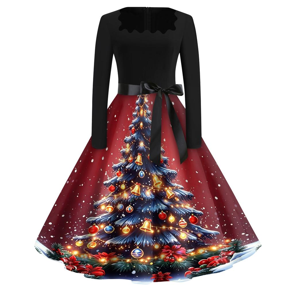 Women's Casual Christmas Print Square Neck Vintage Dress for Holiday Party