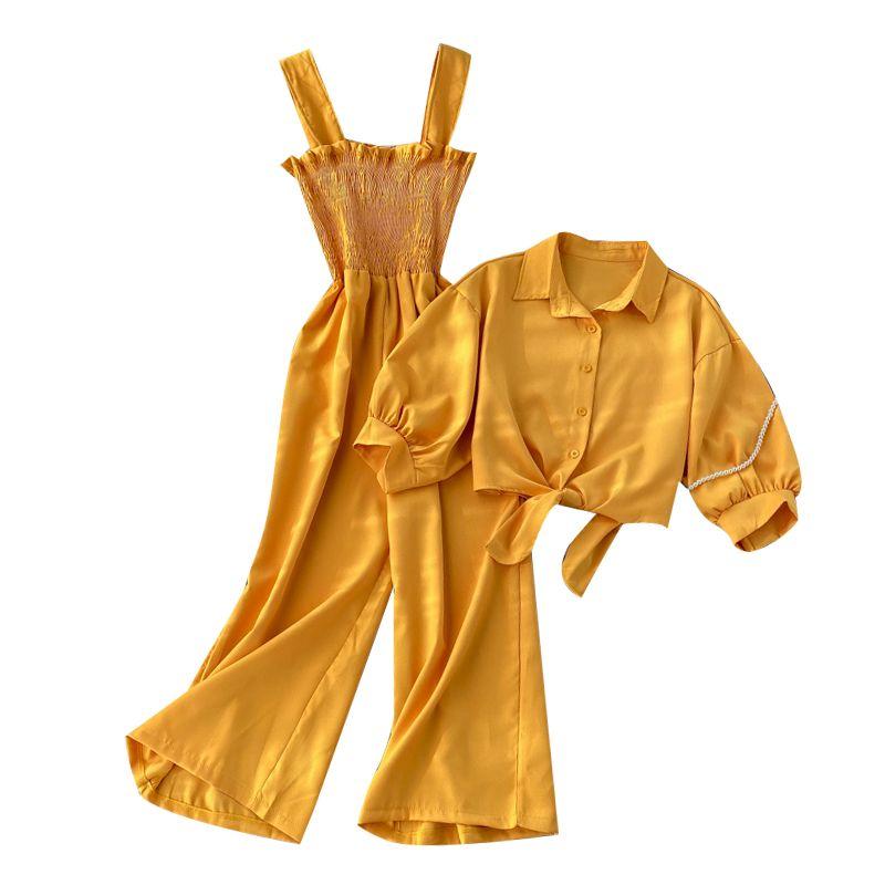Vacation Style Pleated Wide Leg Jumpsuit Stand Collar Two-Piece Set