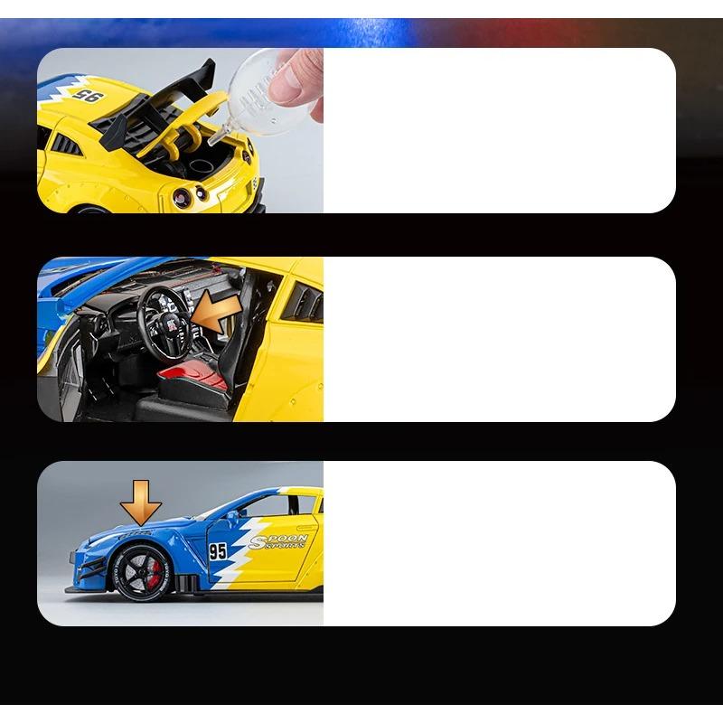 1/24 Nissan GT-R GTR R35 Stop Metalu Samochód Sportowy Model Odlewany Metal Pojazdy Wyścigowe Model Samochodu Dźwięk i Światło Z Spryskiwaniem Zabawka Dla Dzieci Prezent