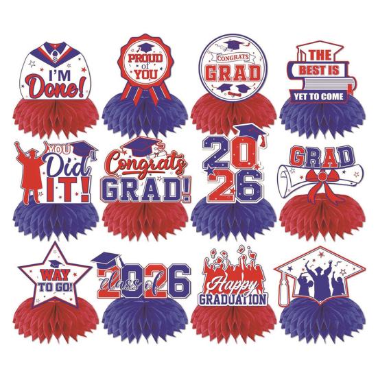 12Pcs 2026 Graduation Honeycomb Decor 3D Honeycomb Centerpieces for Commencement Party Red & Black Theme Bachelor Cap Party Decor for Table Decor &